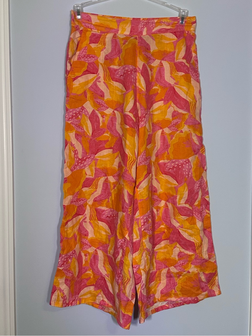 Cynthia Rowley 100% Linen Pink Orange Abstract Floral Wide Leg Crop Pants Medium - Picture 2 of 6